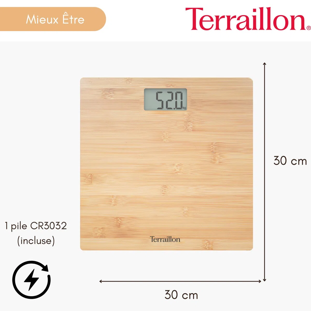 TERRAILLON - BAMBOO - Pèse personne électronique, Plateau Pur Bambou Ultra-plat, Ecran LCD, Capacité 150Kg, graduation 100g, Bambou