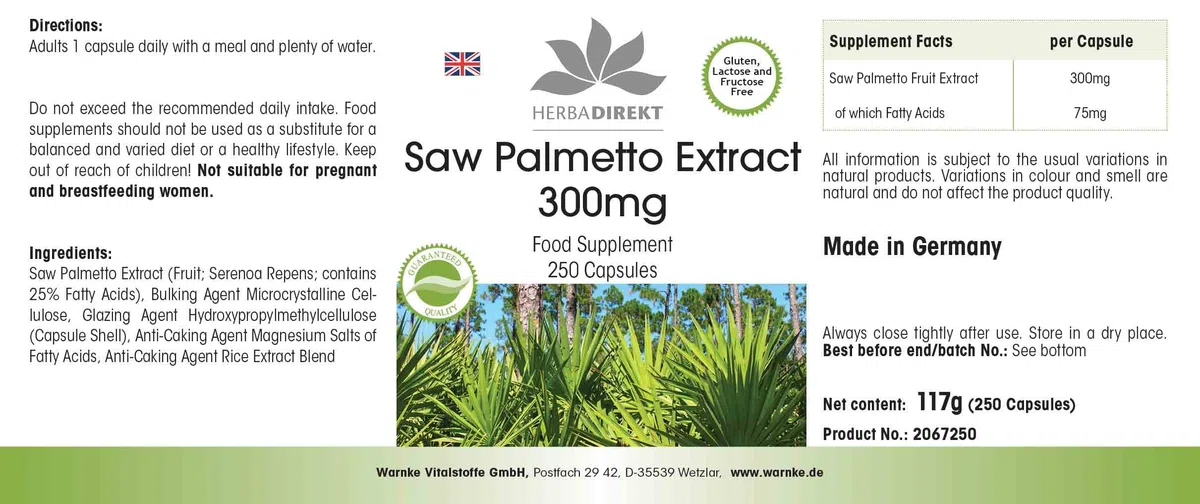 Extrait de palmier nain 300mg - avec bêta-sitostérol - grand emballage - 250 gélules | Herba Direkt - Qualité des pharmacies allemandes