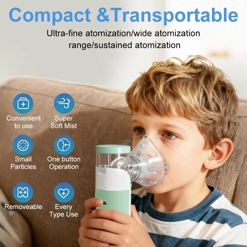 Nebulisateur Inhalateur Pour Enfants, Nebulisateur Portable Rechargeable pour Adultes et Enfants, Inhalateur Silencieux pour Enfants avec 2 Masques et Embout Buccal, pour Usage Domestique et en Voyage