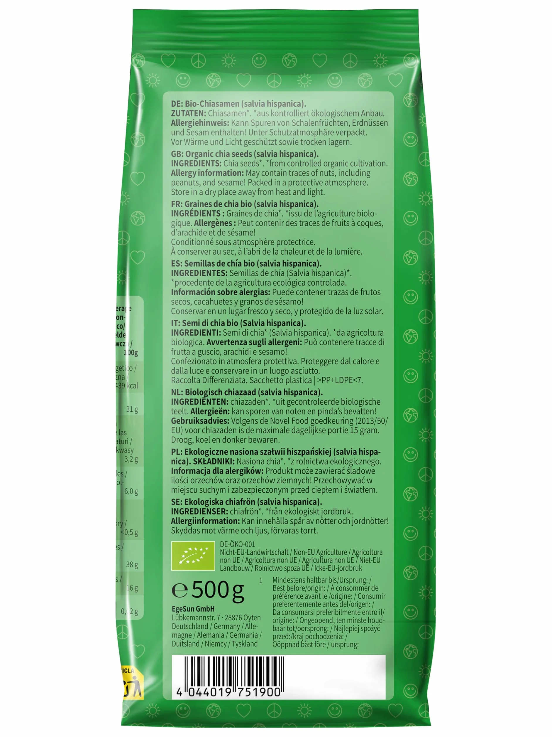 Mundo Feliz - 4 paquets de graines de chia bio, 500 g (L'emballage peut varier)