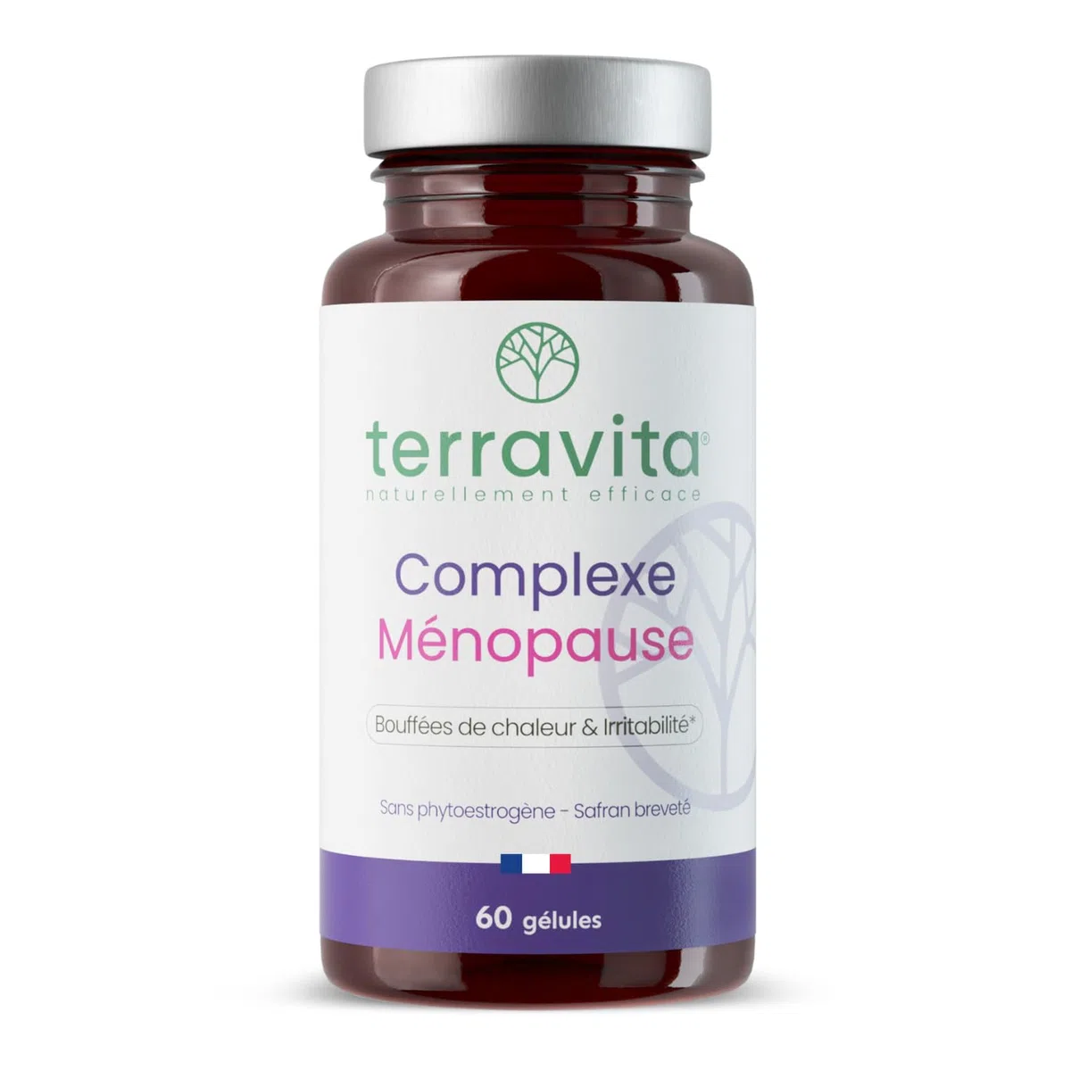 Complexe Ménopause | Sans Hormones | Avec Pollen et Safran Breveté | Bouffées de Chaleur, Fatigue, Stress et Variations d’Humeur | 60 Gélules | Made in France | Terravita