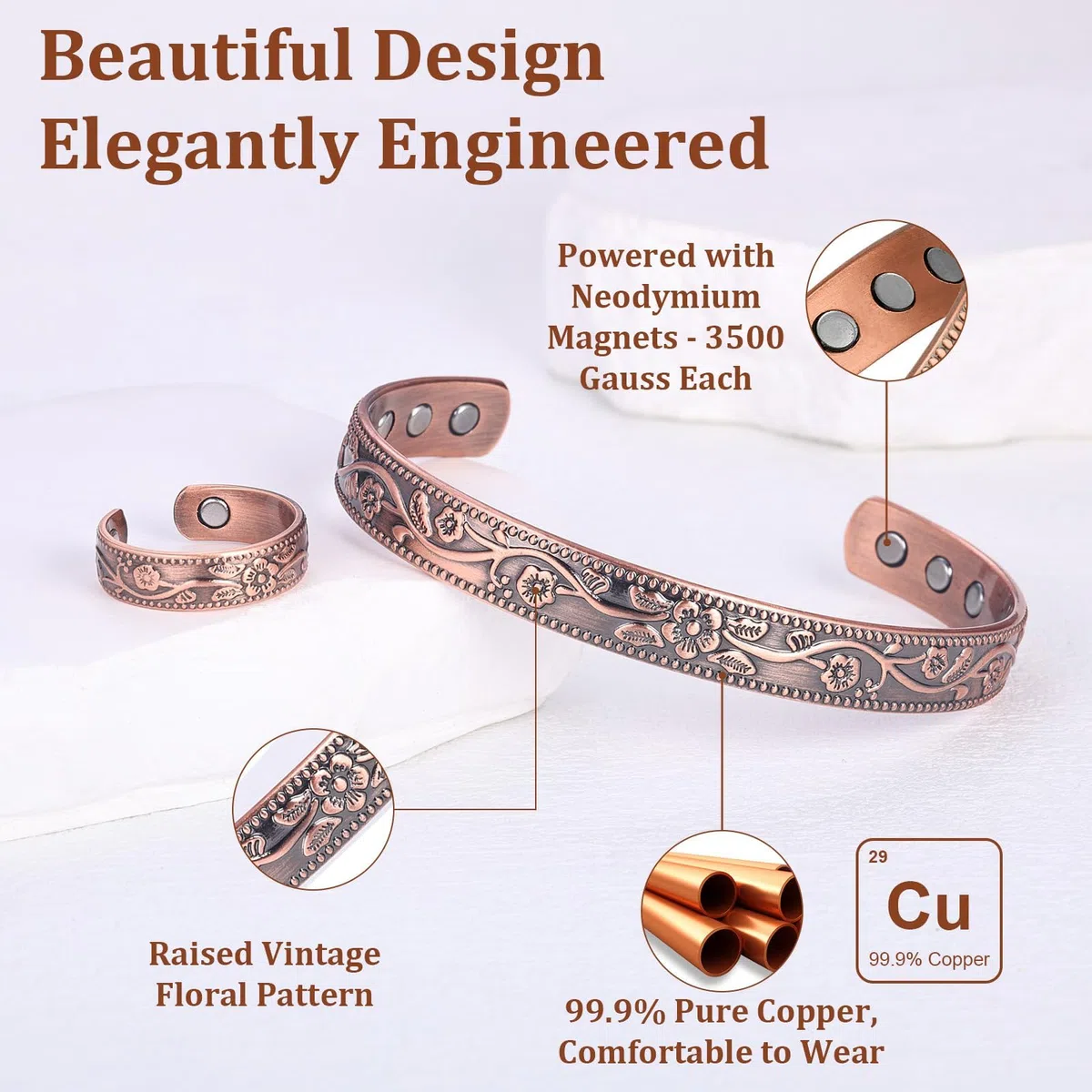 BioMag Bracelet magnétique en cuivre pour femme - Aimants 3800 Gauss - Réglable - Motif floral élégant (motif floral)