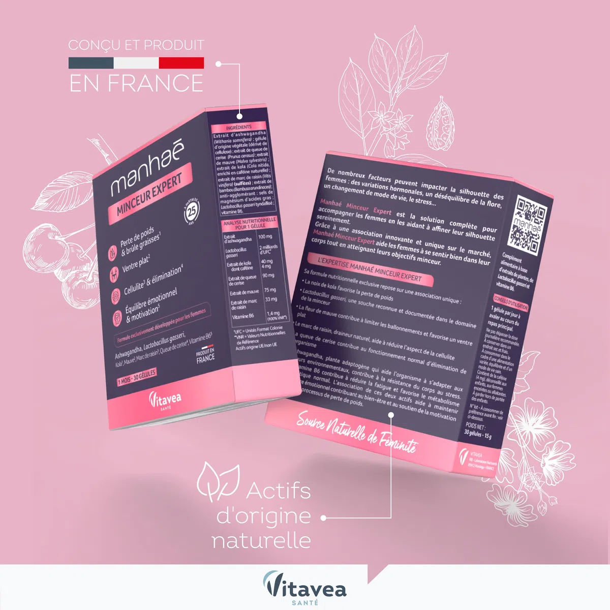 Vitavea - Manhaé - Minceur Expert - Complément Alimentaire Minceur - Perte de Poids, Brûle Graisse, Ventre Plat, Eliminination, Cellulite - Lactobacillus Gasseri, Queue de Cerise -1 Mois - 30 Gélules
