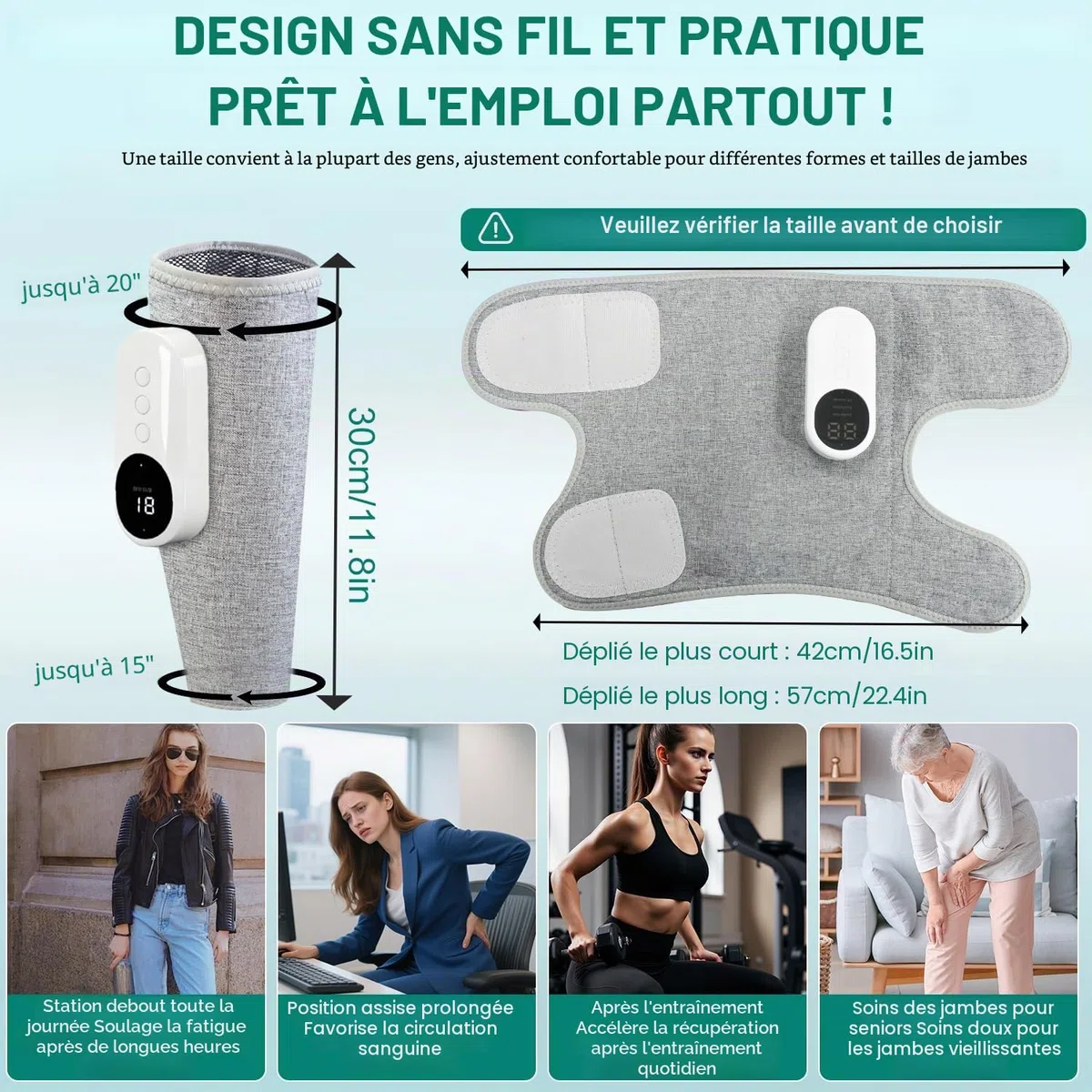 Masseur Jambes Sans Fil avec Chaleur et Compression Masseur de Mollets avec 3 Modes 3 Intensités Appareil de Massage pour Circulation Sanguine Drainage Lymphatique Relaxation Musculaire (1 Pièce)