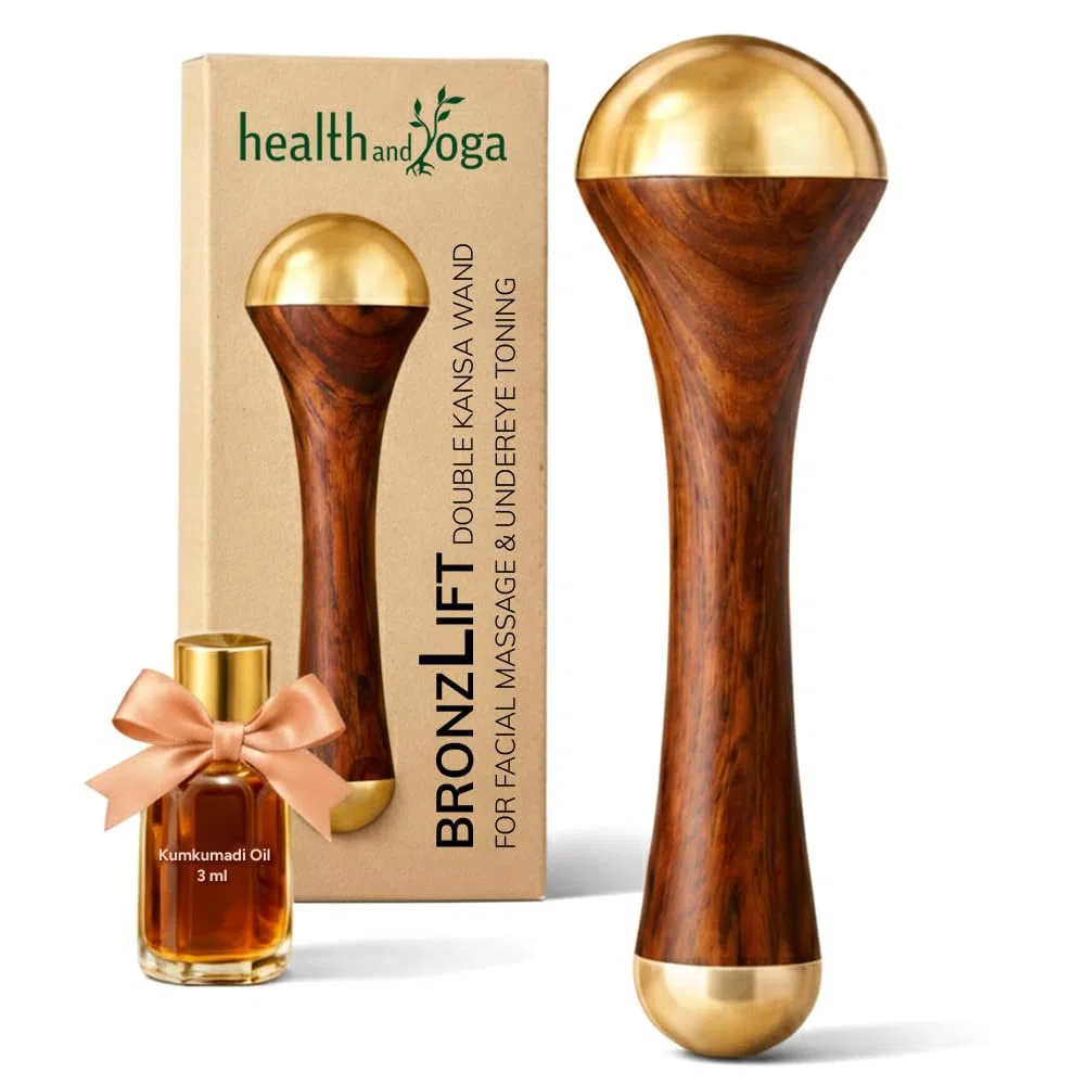 HealthAndYoga BronzLift Kansa Baguette – Capuchon en bronze des deux côtés – Flacon d'huile de beauté ajoutée pour le visage – Outil de beauté ayurvédique pour le visage, le cou et sous les yeux –