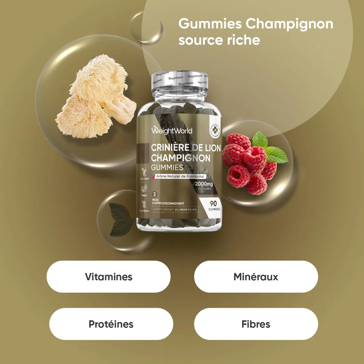 Lions Mane Champignon Gummies, 90 Gummies Vegan à l'Arôme Naturel de Framboise pour 3 Mois d'Approvisionnement, Extrait de poudre d'Hericium Erinaceus 10:1 Champignon Crinière de Lion