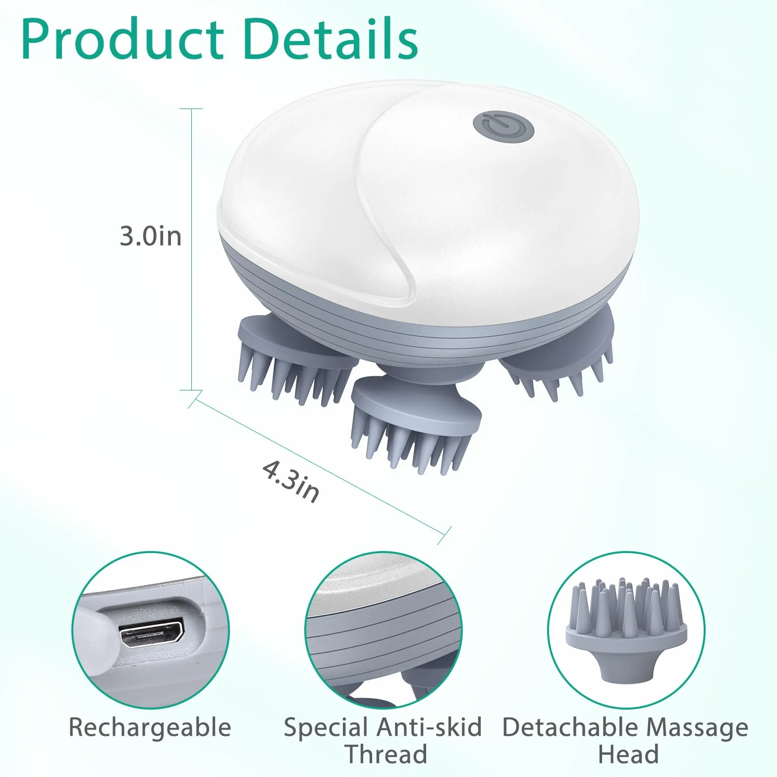 ORIA Masseur Électrique pour Tête et Cuir Chevelu, 3 Modes de Pétrissage, IPX6 Imperméable, Sans Fil avec 96 Contacts en Silicone, Massage Relaxant Rechargeable pour Chiens et Chats - Blanc