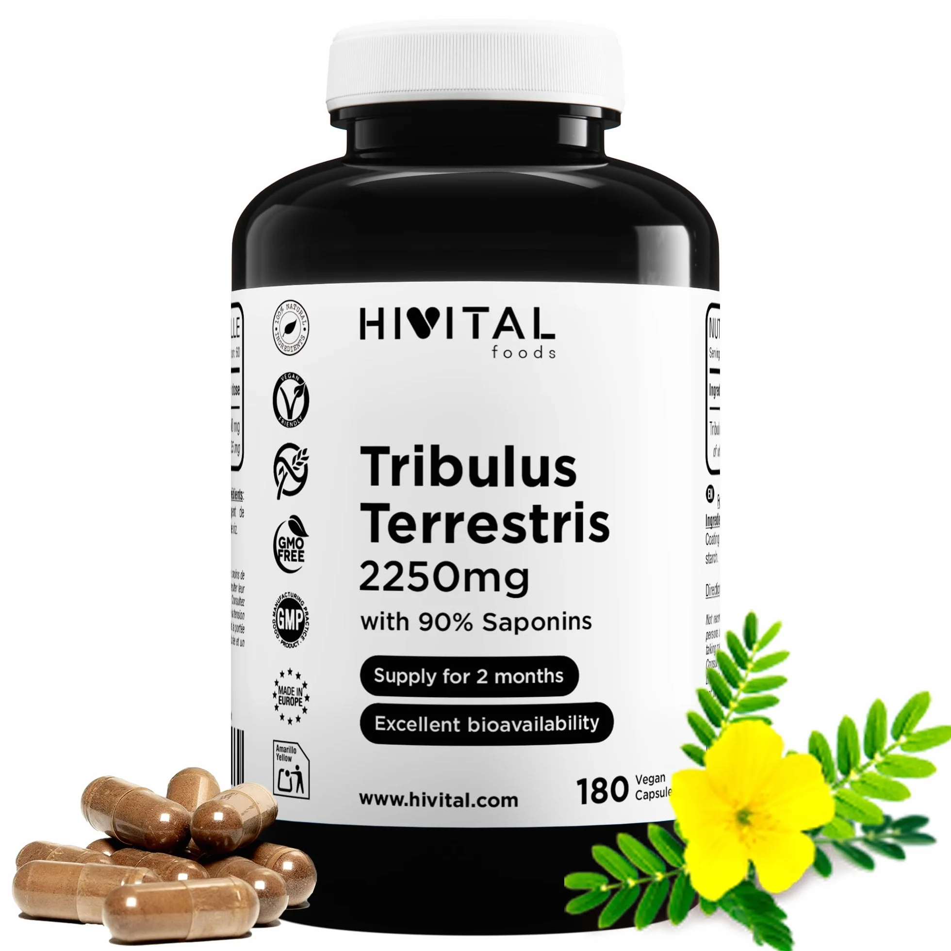 Tribulus Terrestris 2250 mg. 180 gélules vegan pour 2 mois de traitament. Extrait naturel à 90% de saponines à haute teneur en principe actif. Fabriqué en Europe par HIVITAL