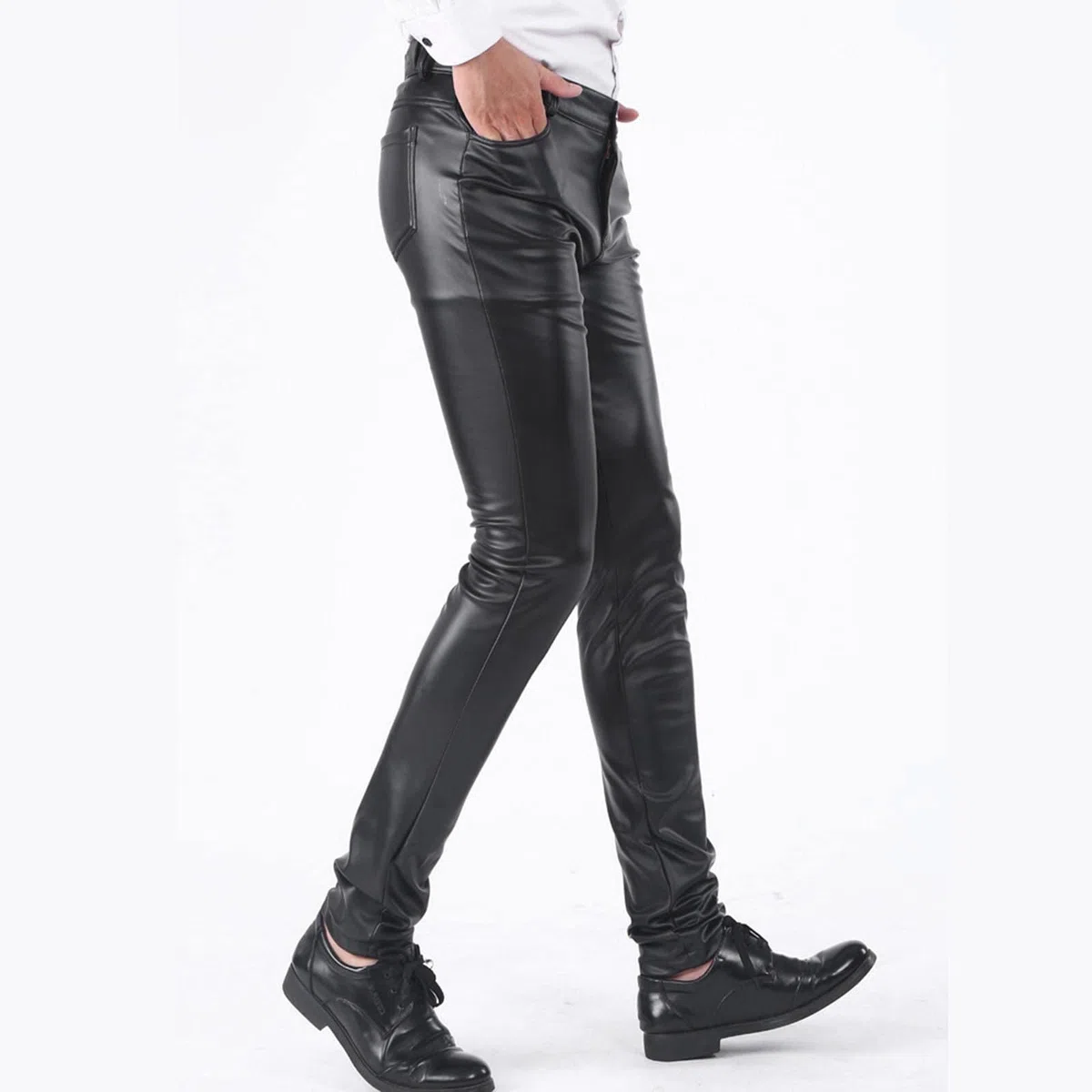 Pantalon en cuir pour homme - Noir - Sexy - En latex - Pour homme - Style punk stretch - Décontracté - Effet mouillé - Coupe ajustée - Pour les loisirs