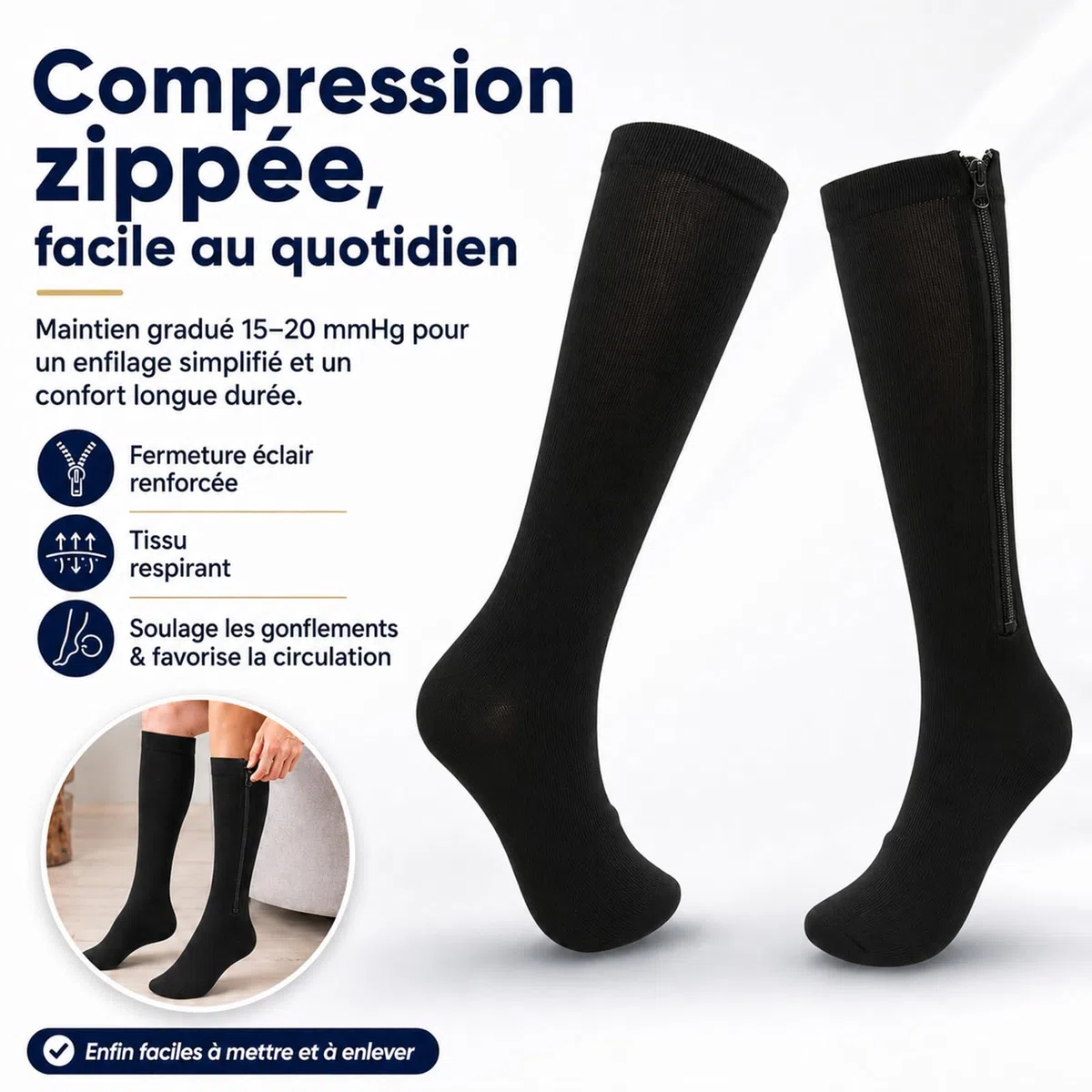 Bas De Contention Zippés - Assiva, Chaussettes De Compression Graduée 15-20 Mmhg, Fermeture Éclair Facile À Enfiler, Confort Toute La Journée, Anti-Fatigue Jambes
