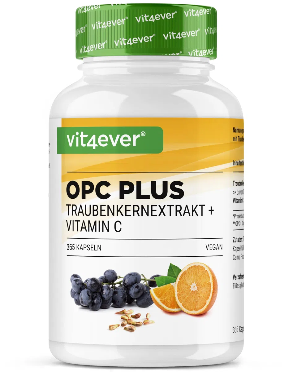 Extrait de Pépins de Raisin OPC + Vitamine C Naturelle - 365 capsules pour 12 Mois - Teneur en OPC la Plus Élevée selon HPLC - De Raisin - Vegan