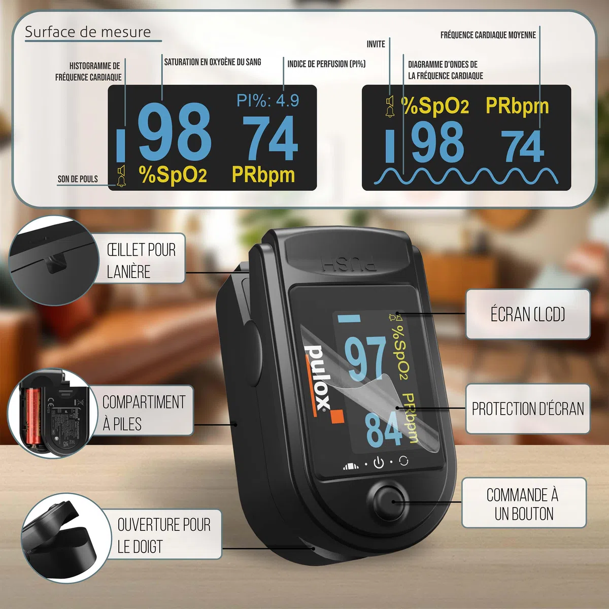 Pulox PO-200A Oxymètre de pouls avec alarme, son du pouls et set d'accessoires pour la mesure de SpO2, pouls et IP