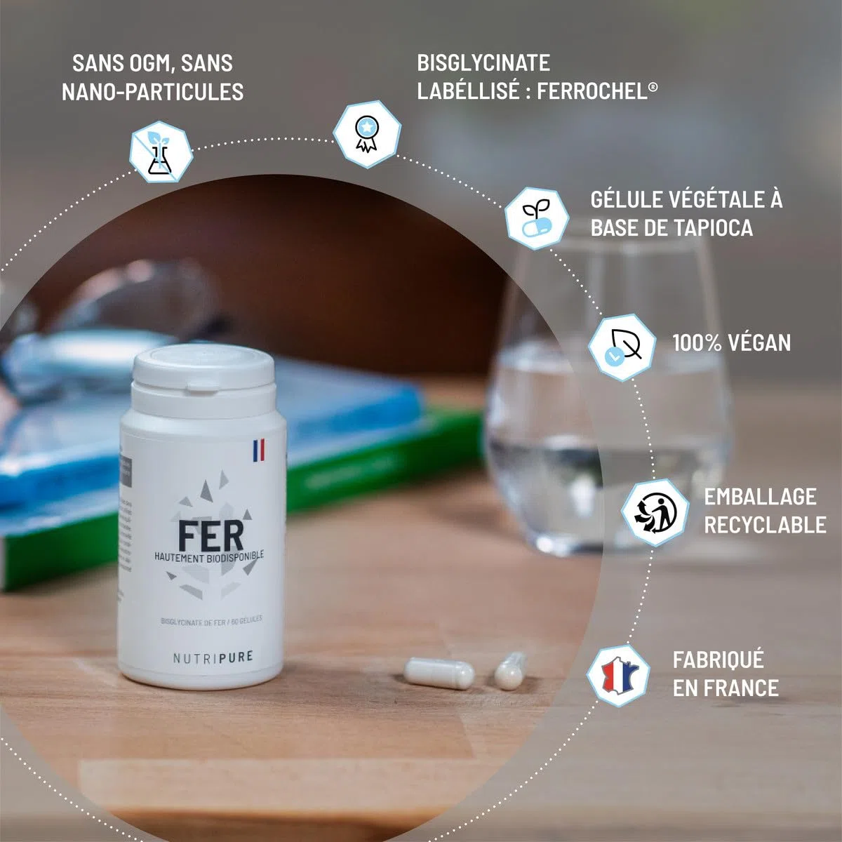Nutripure | Fer Bisglycinate 14 mg Haute Qualité FERROCHEL® | Haute Absorption | Complément Alimentaire Anti-Fatigue & Renfort du Système Immunitaire | 120 Gélules Végétales | Vegan | Made in France