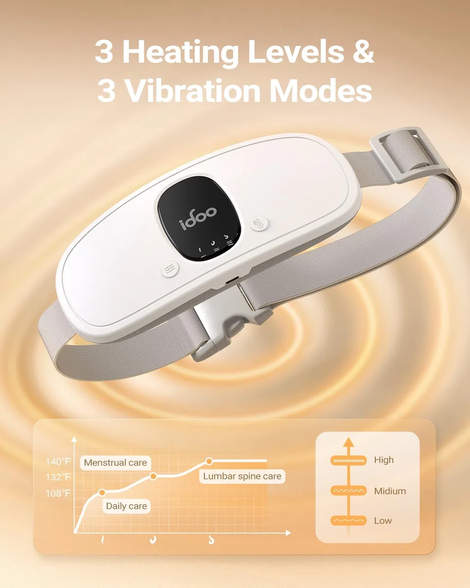 iDOO Ceinture Chauffante Regle Douloureuse,Ceinture Menstruelle Chauffante, électrique Ceinture Chauffante pour Crampes avec 3 Niveaux de Chaleur et Massage, Cadeaux pour Filles et Femmes, Blanc