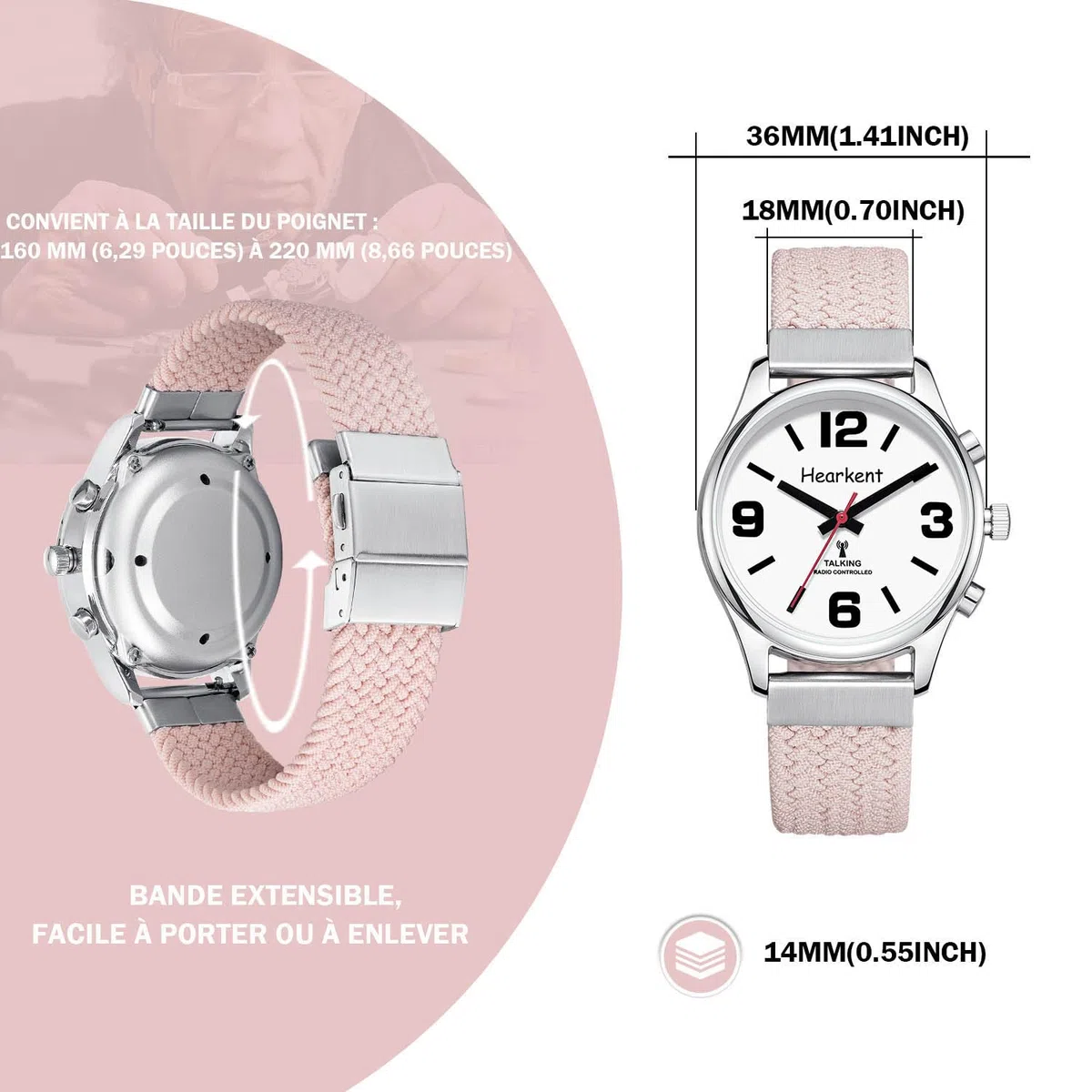 Hearkent Montre Parlante pour Aveugle Francais Femme Grands Chiffres | Voix Française Claire Heure, Date, Alarme, Rappel Médicaments pour Personnes Âgées, Sangle en Nylon Réglable