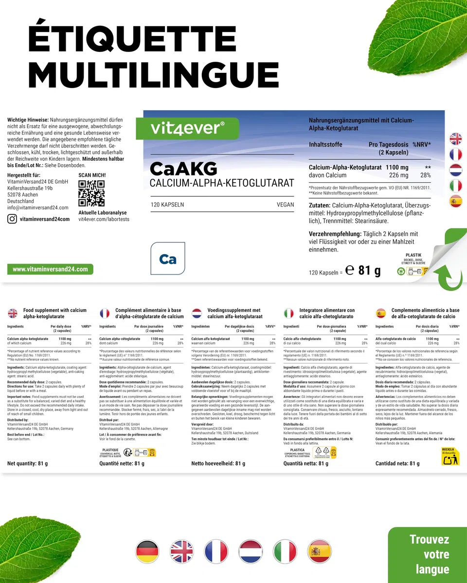 CaAKG - Calcium Alpha-Cétoglutarate - 120 Gélules - Hautement Dosé à 1100 mg par Dose Journalière - Calcium Pur & Alpha-Cétoglutarate Sans Additifs Inutiles, Vegan