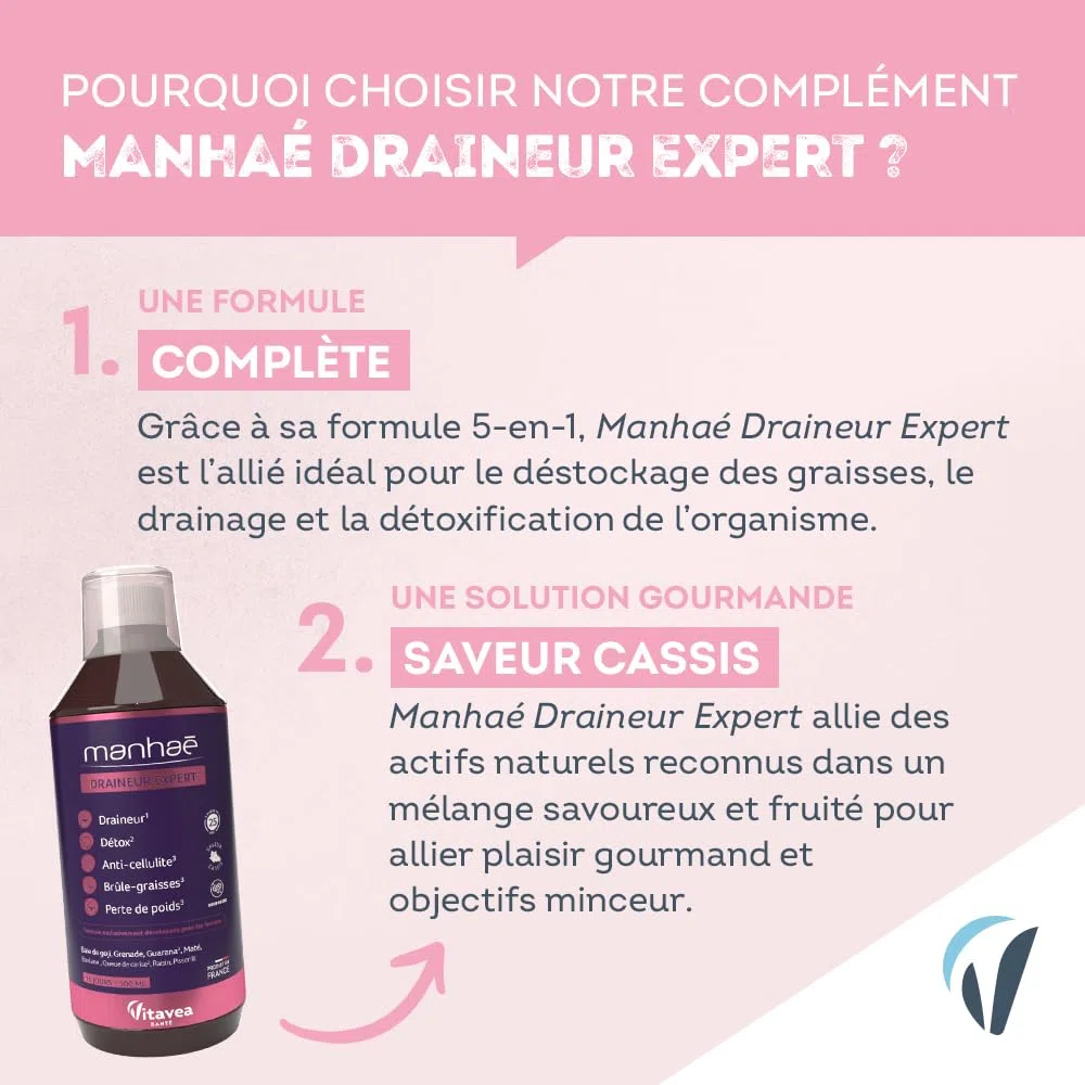 Manhaé - Draineur Expert - Draineur, Détox, Perte de Poids - Guarana, Baie de Goji, Grenade, Bardane, Queue de Cerise - 500ml - 10 jours - Saveur Cassis - Fabriqué en France - Vitavea (Lot de 2)
