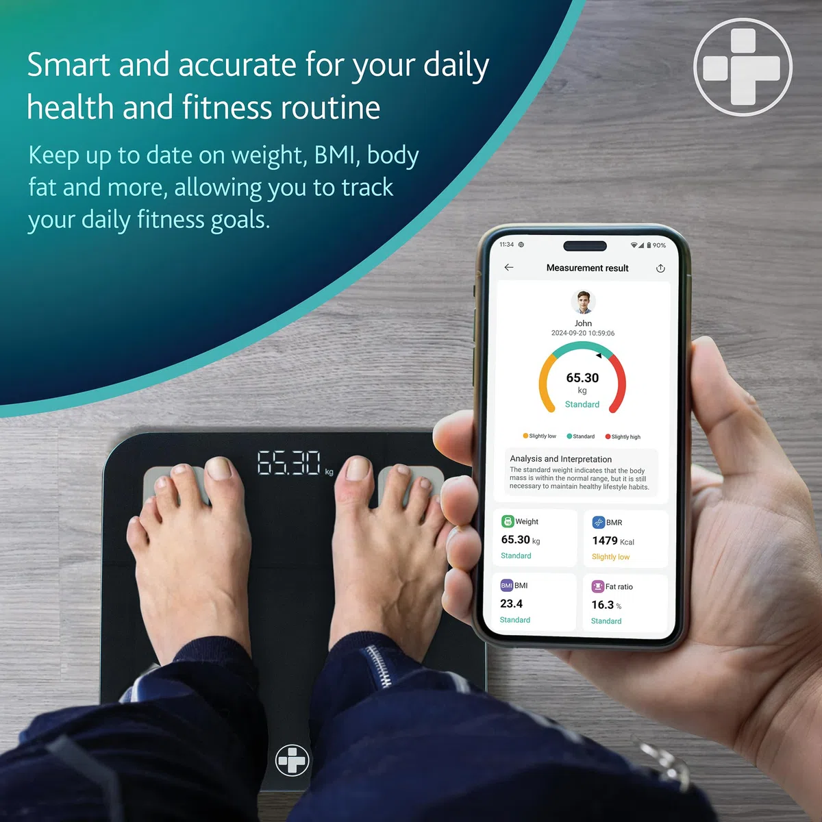 Reliance Medical Balance Smart BMI, Balance Digitale de Graisse Corporelle avec Écran LED, Pèse-Personne pour Salle de Bain, 28cm x 28cm x 2,4cm, Lot de 1