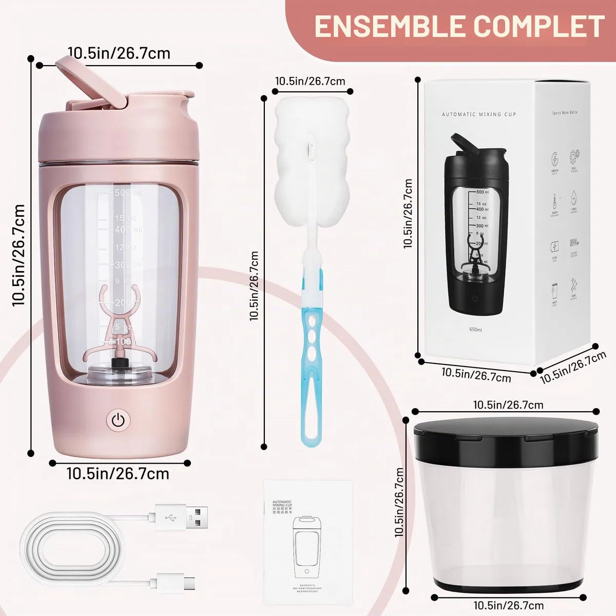 Shaker Électrique Rechargeable 650ML,Bouteille shaker de protéines avec Boîte à Poudre et Brosse, Rechargeable USB-C,pour Shakes Protéinés et Milkshakes Crémeux, Sans BPA, Rose
