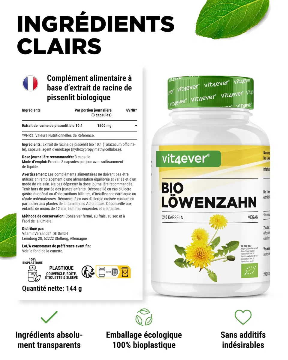 Pissenlit bio – 240 gélules – 1500 mg d'extrait de racine de pissenlit - Rapport 10:1 hautement dosé - Extrait véritable de Taraxacum officinale - Sans additifs – Vegan
