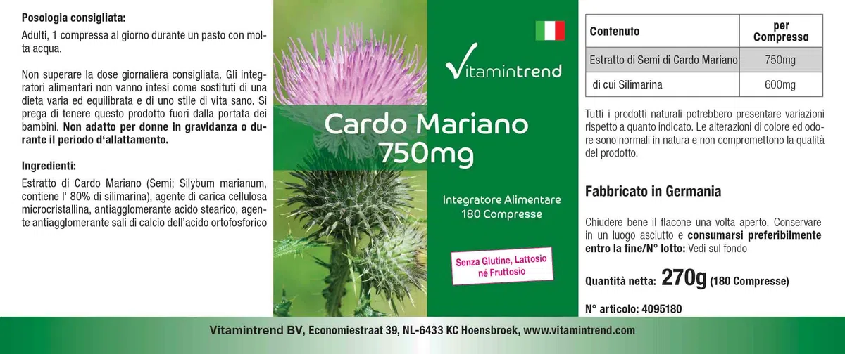 Vitamintrend Extrait de chardon-marie 750 mg, 180 comprimés, hautement dosé, complément alimentaire végan sans stéarate de magnésium, fabriqué en Allemagne