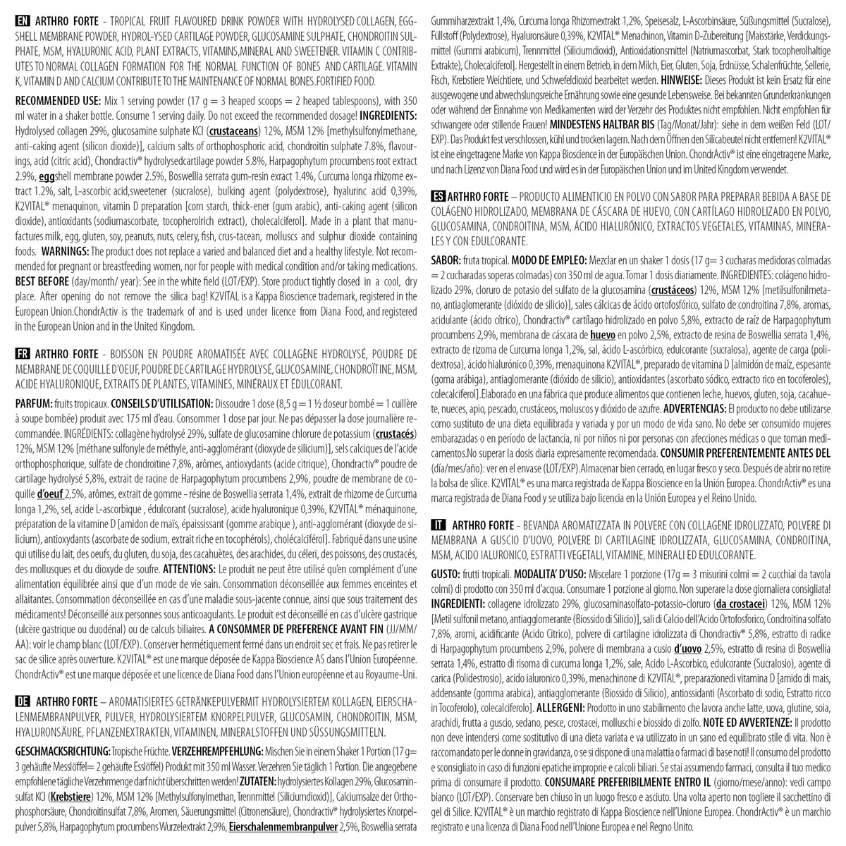 BioTechUSA Arthro Forte, avec de la glucosamine, d’extraits de plantes, avec des vitamines D et K et du calcium pour les os, et de la vitamine C pour les cartilages, 340g, Fruits tropicaux