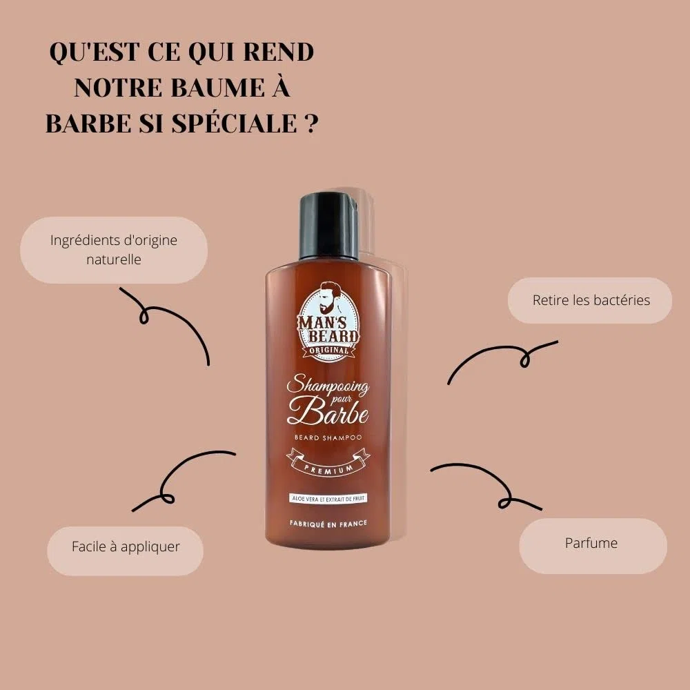Man's Beard | Shampoing barbe, Produit nettoyant visage homme | Soin de la barbe | Usage quotidien | Ingrédients d'origine naturelle - Huile de Ricin | 150 ml | 100% Fabrication française