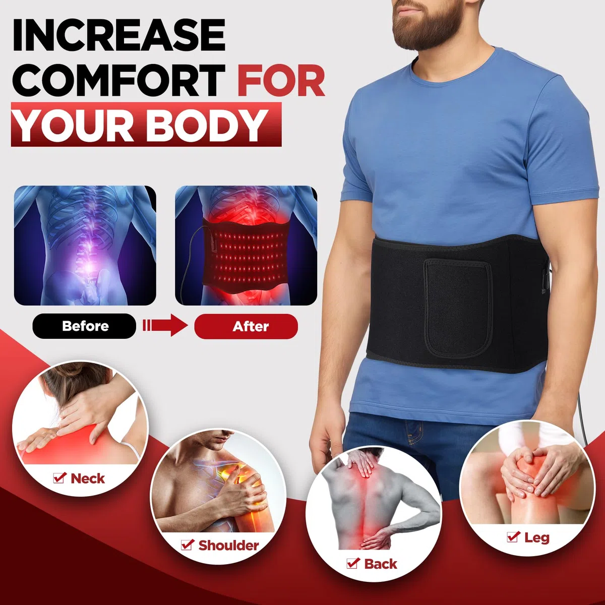 Ceinture De Massage À Lumière Rouge, Lumière Rouge 660nm & Lumière Proche Infrarouge 850nm, Ceinture Taille Avec 6 Réglages Temporels, 3 Modes Lumineux, 5 Niveaux De Massage, 2 Modes D'alimentation