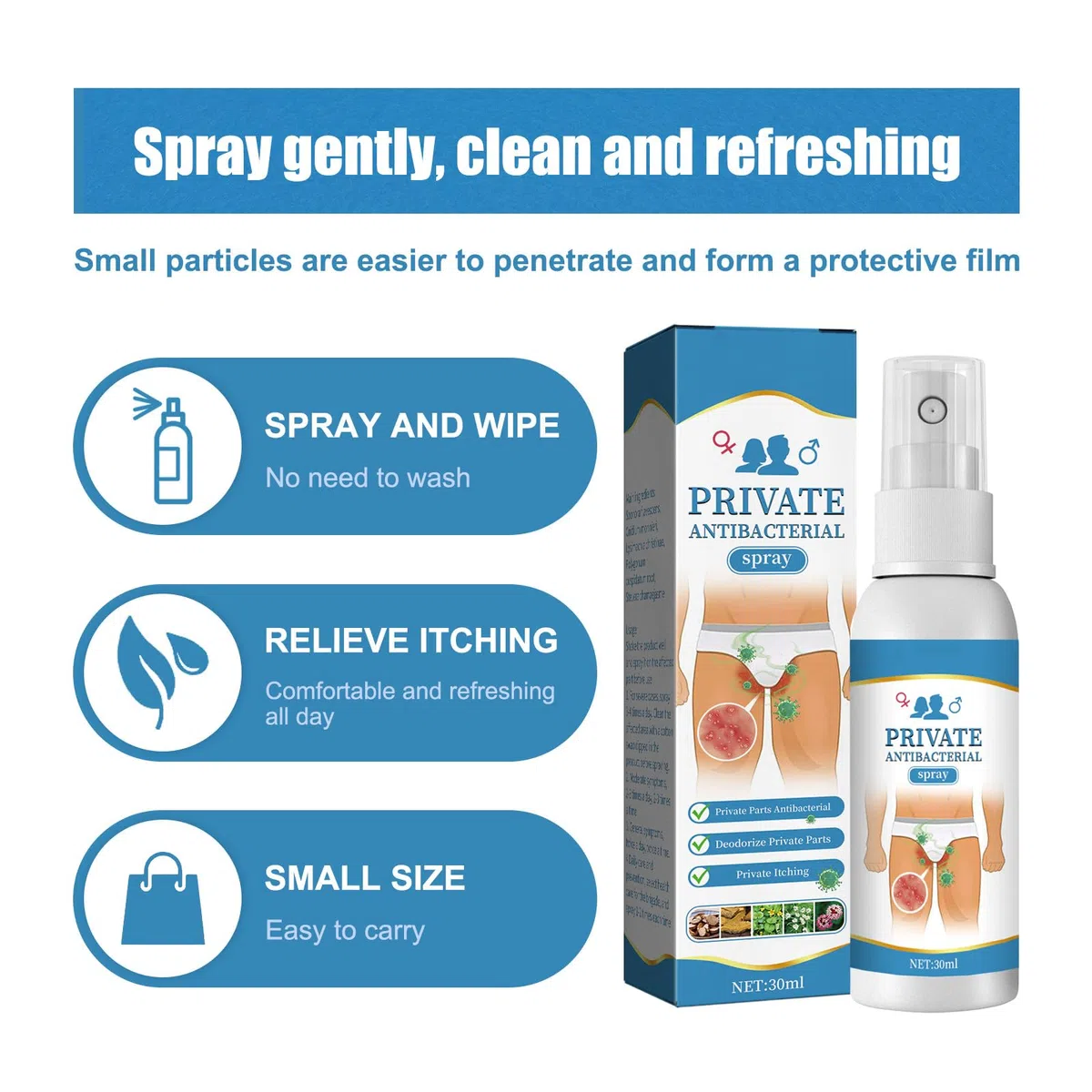 Spray Antibactérienne Privée,Antifongique pour Homme,Spray Soulager Rapidement les Démangeaisons,Antibactérienne Privée,30ML*3PC