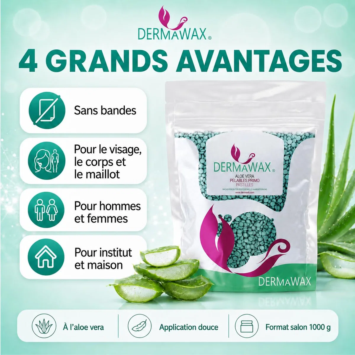 DERMAWAX Perles de Cire Chaude Épilation Sans Bande Aloe Vera 1 kg – Cire Pelable Professionnelle Basse Température, Application Multidirectionnelle – Made in Italy, Peaux Sensibles, Maillot, Visage