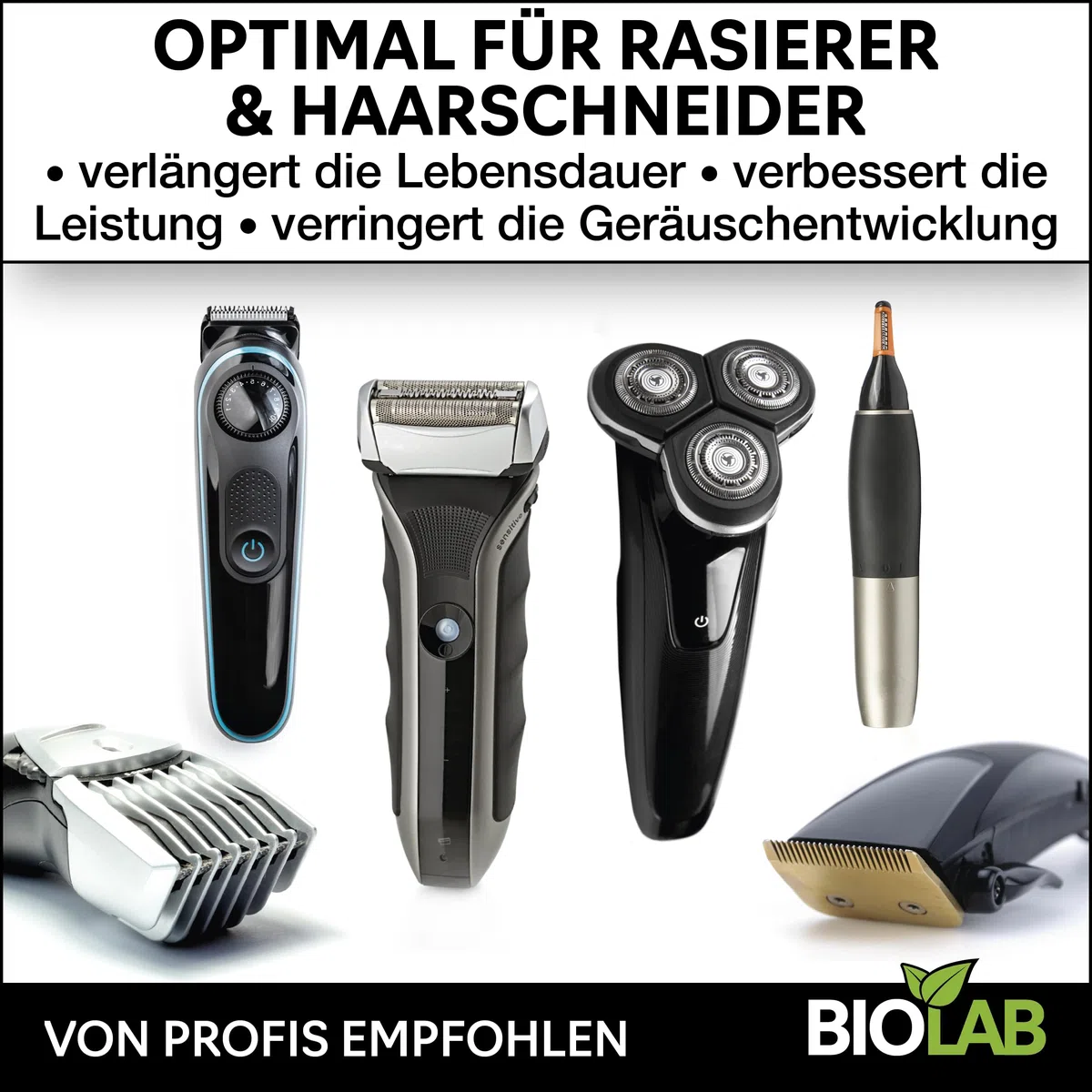 BIOLAB Kit de nettoyage et d'entretien pour tête de rasage – Huile pour tête de rasage (30 ml), spray nettoyant pour tête de rasage (100 ml) + brosse de nettoyage pour rasoir, tondeuse à cheveux et