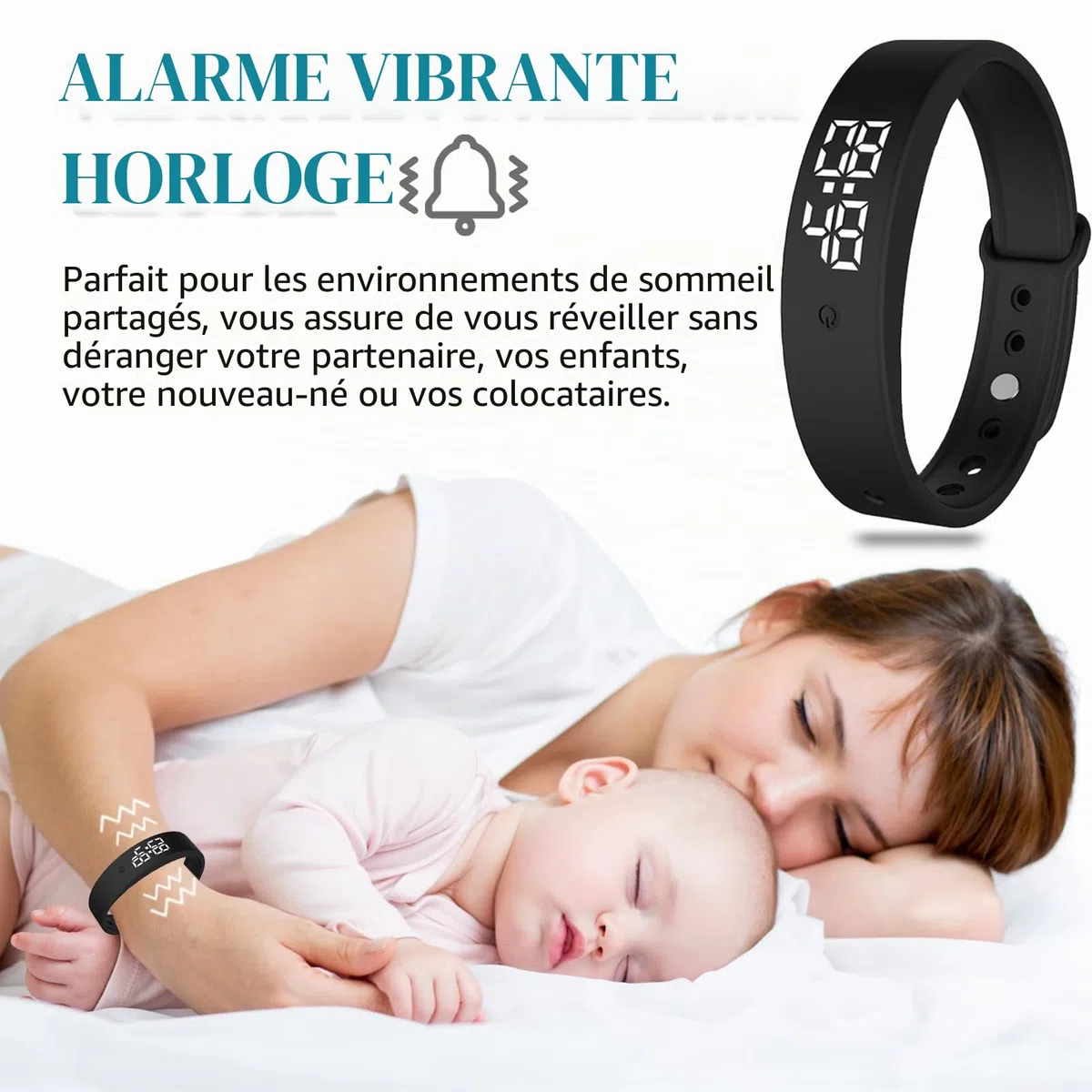 Bracelet avec réveil vibrant silencieux pour partenaire/naissances/enfants, 6 rappels, pilule réveil montre-bracelet 3 mesures température