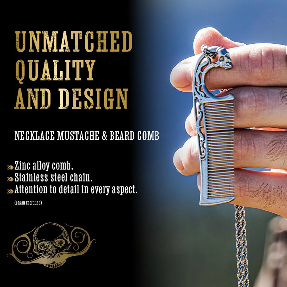 Peigne à moustache sur chaîne en acier inoxydable – Peigne double face pour homme, dents fines et larges pour un style précis de moustache – Durable, compact, facile à transporter, outil de toilettage