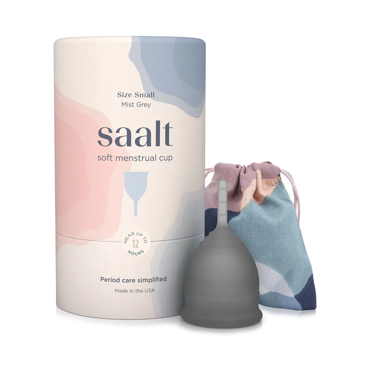 Saalt Soft Menstrual Cup – Coupe menstruelle réutilisable – Protection anti-fuites jusqu'à 12 heures – Sans BPA ni latex – Inclut une coupe et un sac de transport - taille Petit, Gris