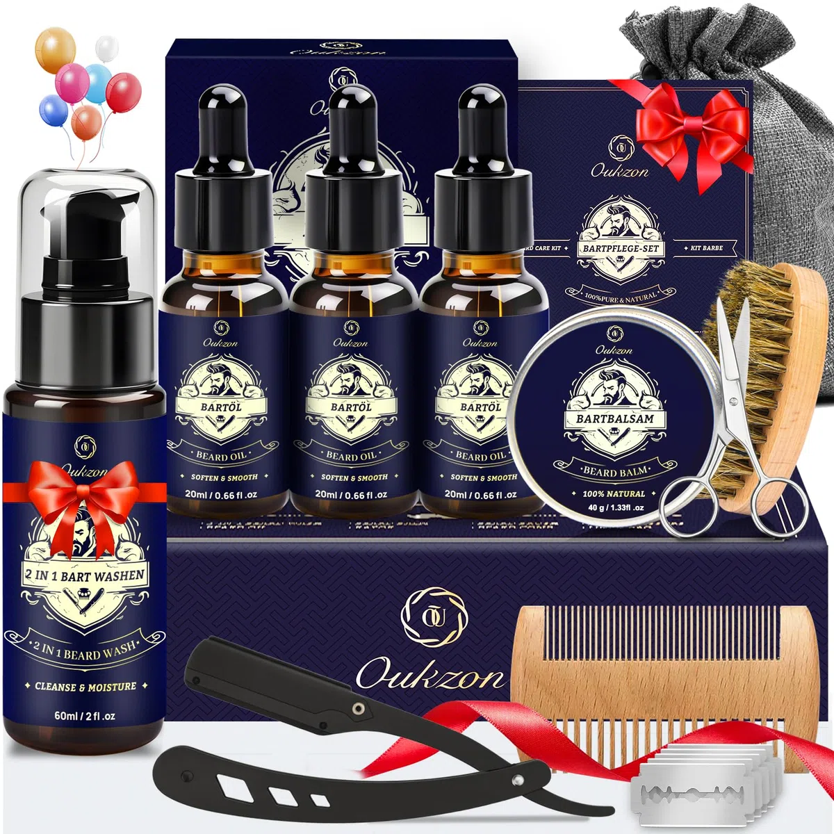 Oukzon Kit Barbe Homme, 10 en 1 Soin Barbe Homme, Coffret Barbe Homme avec Shampoing Barbe, Huile Barbe, Baume Barbe, Peigne Barbe, Brosse Barbe, Rasoir de Sureté, Ciseaux, Cadeau Homme