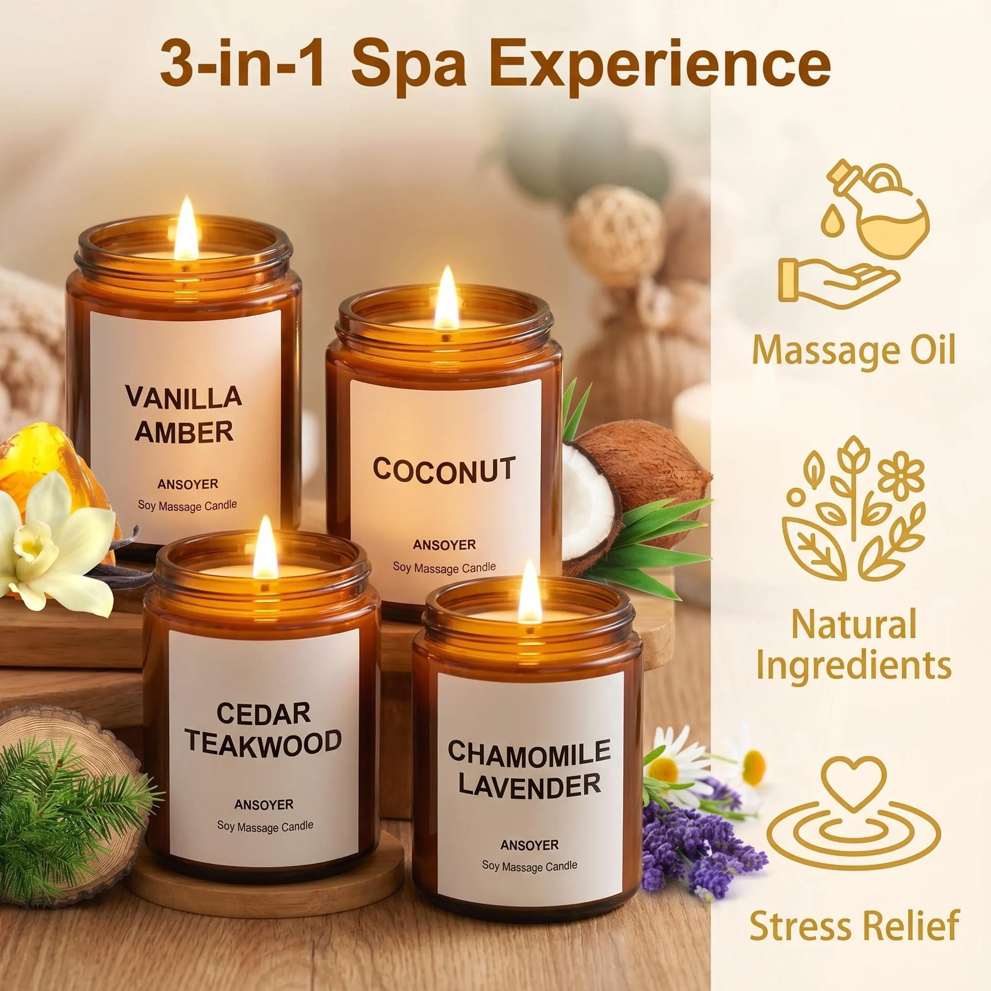 4Pcs x 128g, Ansoyer Bougie de massage, cire de soja naturel, pour un poids total de 512 g (Vanille Ambre + Noix de coco + Bois de teck de cèdre + Camomille lavande)