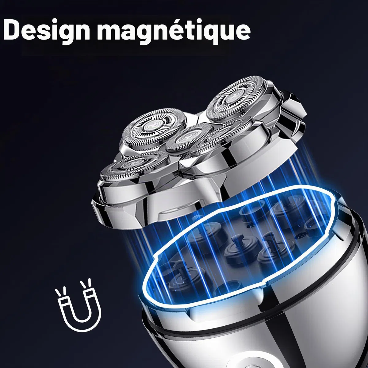 Rasoir Rotatif Homme avec Têtes 5D & Batterie USB-C | Rasoir crânien magnétique, IPX7 étanche, utilisation sèche & humide – idéal pour raser tête et tailler barbe à la maison
