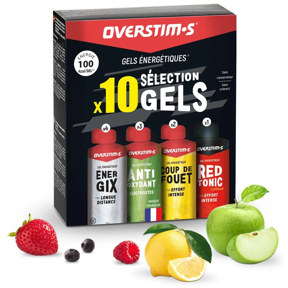 Overstim.s – Pack 10 gels - 4 gels Energix (Energie longue distance) - 3 gels Antioxydants (Limite les crampes) - 2 gels Coup de fouet (Energie instantanée) - 1 gel Red tonic (Efforts intenses)