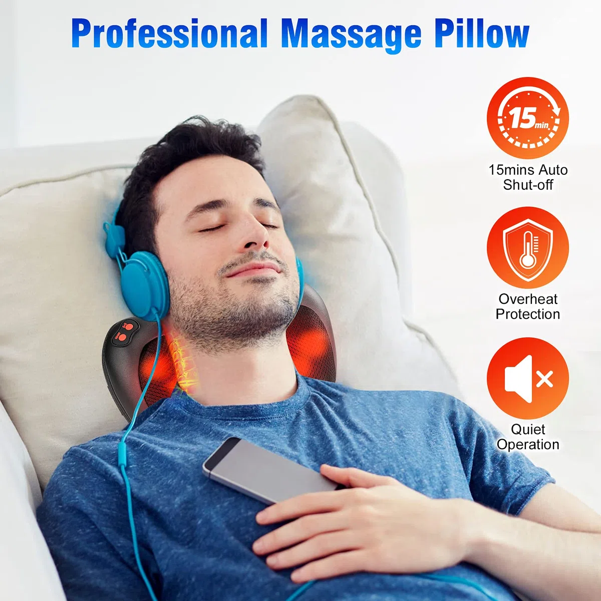 Coussin de Massage avec 8 Nœuds, Masseur Shiatsu Électrique avec Chauffage, 3 Vitesses, Minuterie 15 Min, pour Cou, Dos, Épaules, Pieds, Mollets, Jambes – À Utiliser au Bureau, à la Maison ou en Voitu