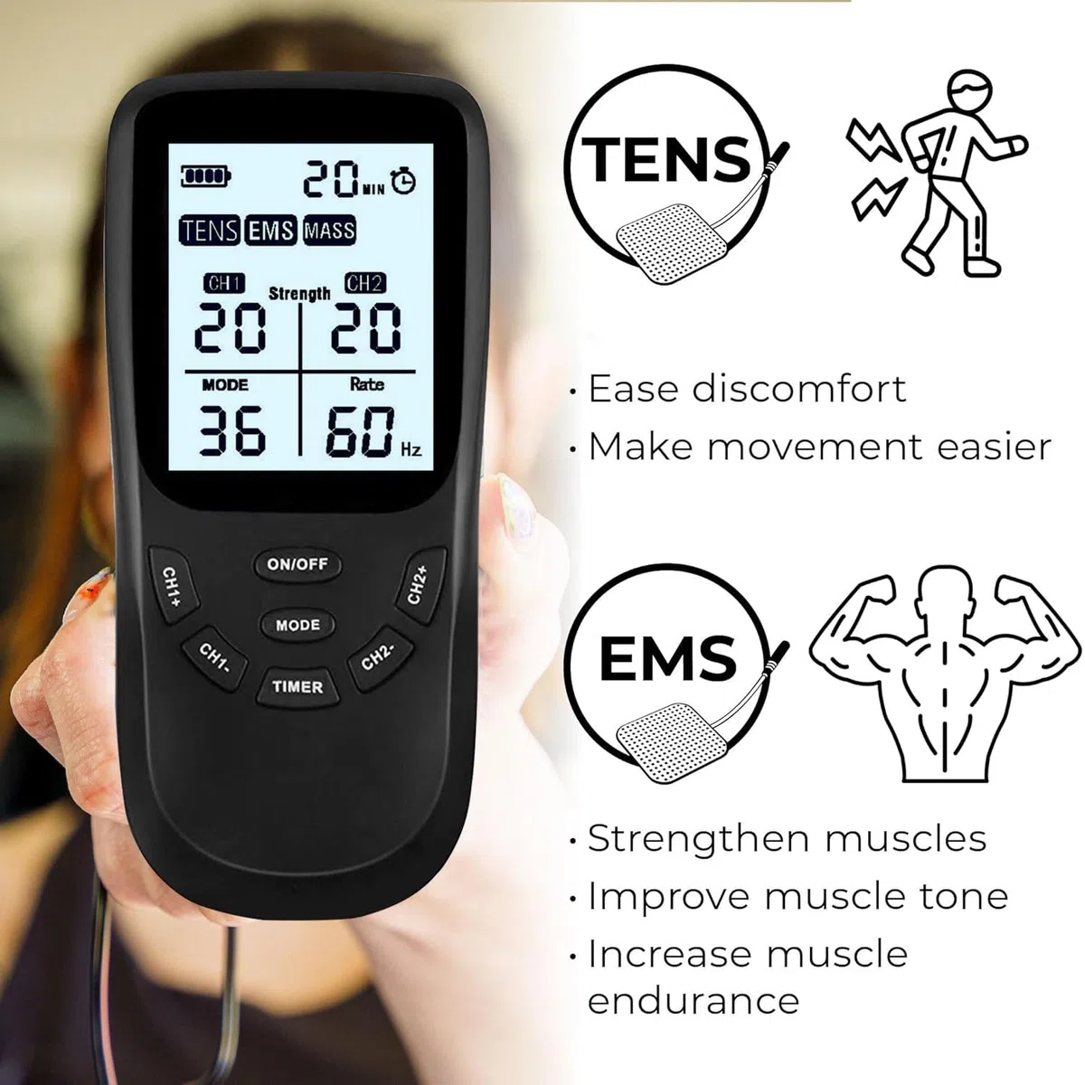 Électrostimulateur musculaire 3 en 1 :TENS/EMS/Massage, thérapie anti-douleur TENS, stimulation électrique des muscles EMS, facile à emporter,36 programmes de Massage + 8 électrodes