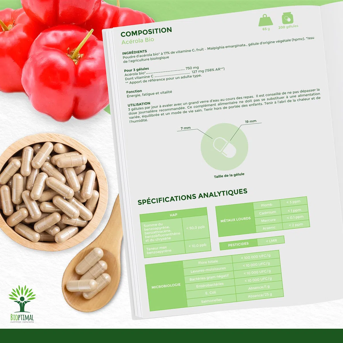 Acerola Bio - Bioptimal - Complément Alimentaire - Extrait d'Acérola en Gélule - 17% de Vitamine C Biodisponible - Anti-Fatigue Immunité - Fabriqué in France - Certifié par Ecocert - 200 gélules