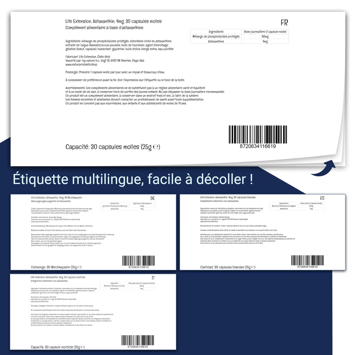 Life Extension Astaxanthine, 4mg, avec Phospholipides, 30 Capsules molles, Sans Gluten, Sans Soja, Sans OGM