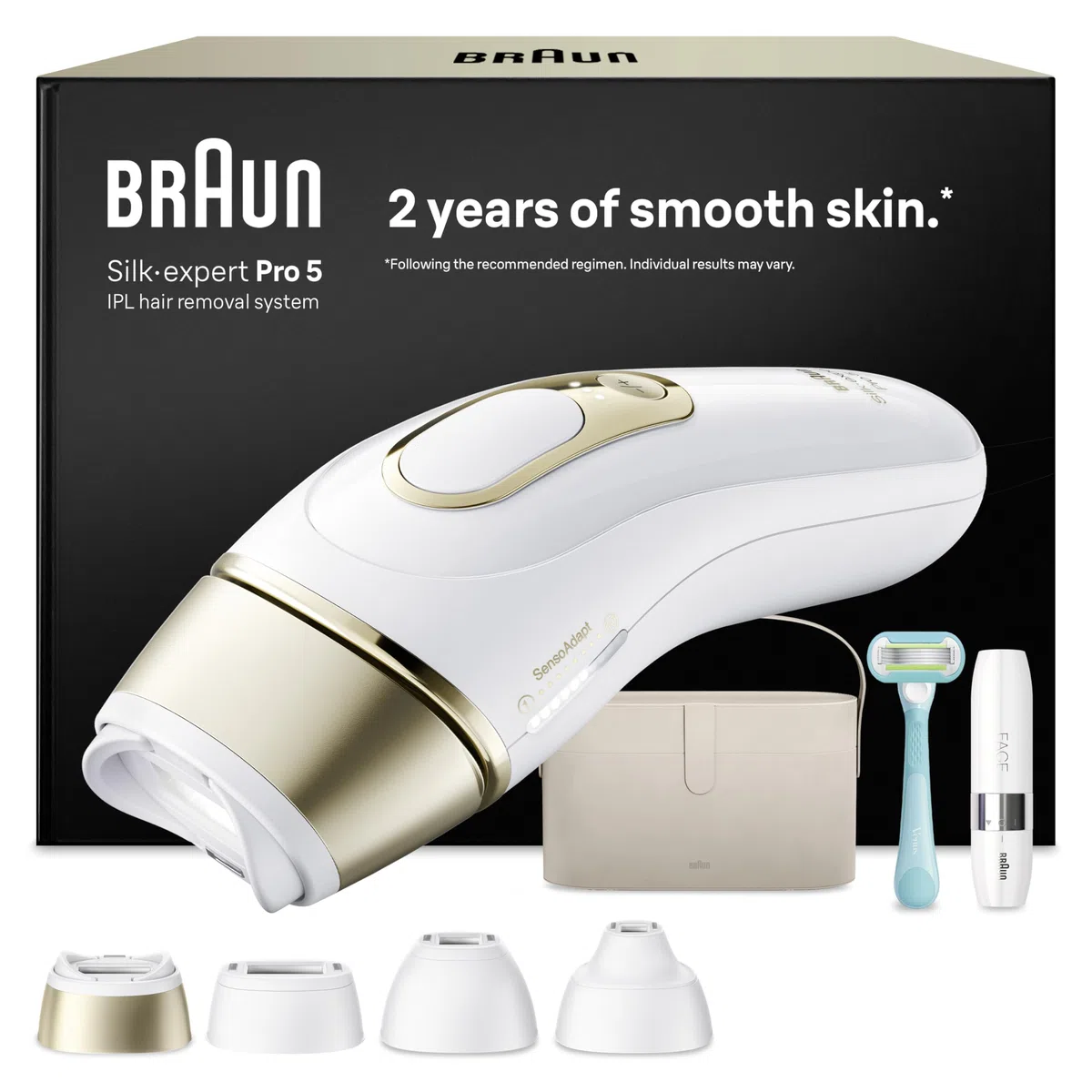 Braun Epilateur Lumiere Pulsee Silk·expert Pro 5 PL5442, Blanc et Or – Alternative au Laser à Domicile, Filaire, avec Pochette, Rasoir Gillette Venus, 4 Têtes