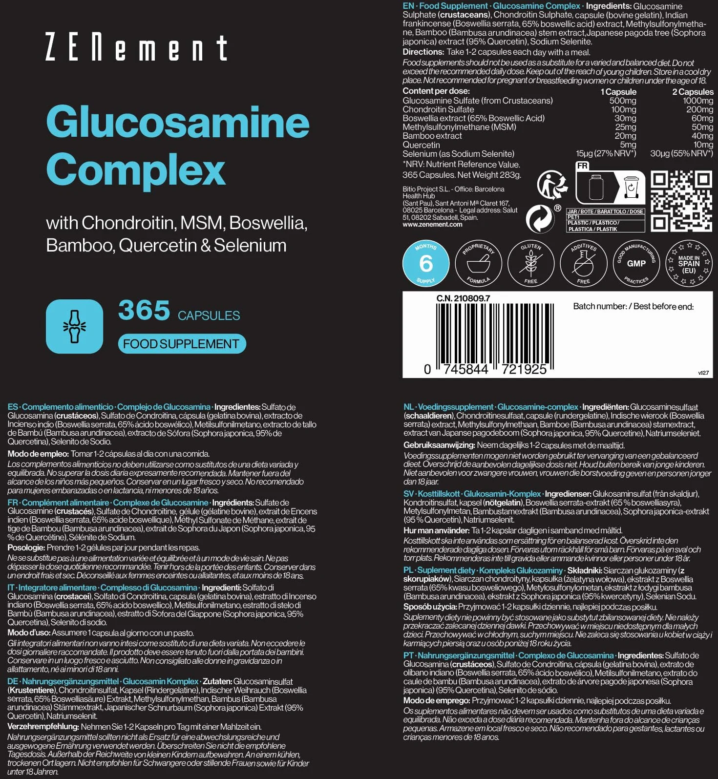 Complexe de Glucosamine avec Chondroïtine, MSM, Boswellia, Bambou, Quercétine et Sélénium - 365 Gélules, Formule en Gélules - Sans Additifs, Sans OGM - Zenement
