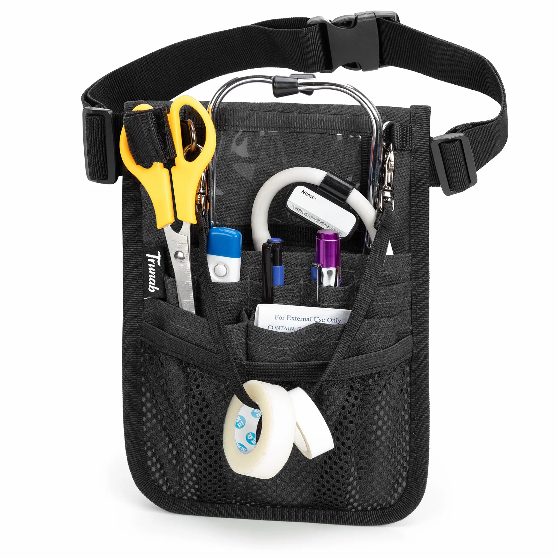 Trunab Sac Banane pour Infirmière avec Porte-Ruban et Plusieurs Compartiments, Kit Infirmiere avec Sangle de Taille Réglable,Convient à Ciseaux, Gaze et Autres Fournitures Médicales, Noir