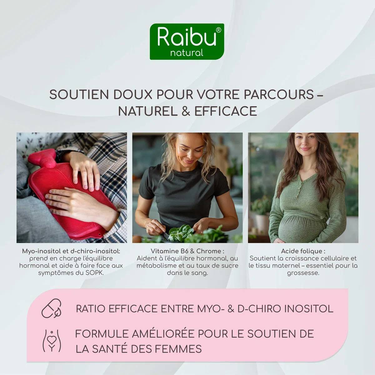 Inositol, Myo Inositol & D-Chiro, 150 Gélules - SOPK & Équilibre Féminin, Avec Vitamine B6, Acide Folique et Chrome - Naturel, Sans Additifs et Végan - Raibu