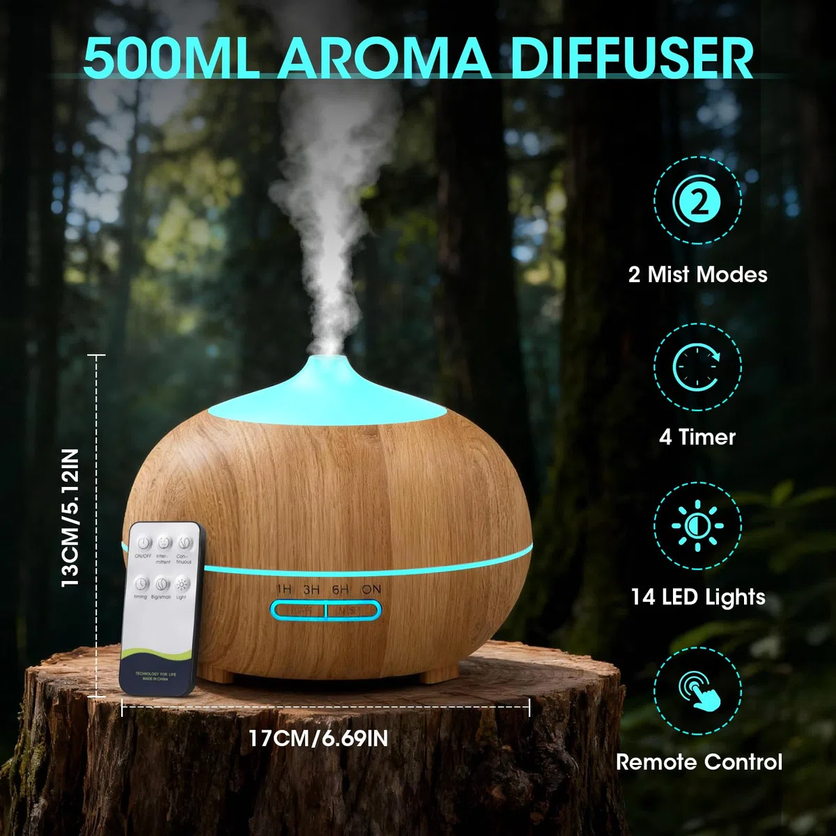 Diffuseur d'Huiles Essentielles 500 ML, Diffuseur d'Arômes Ultrasonique avec Télécommande, 4 Minuteries & 2 Modes de Brume, Arrêt Automatique sans Eau, pour Maison, Bureau, Chambre, Spa