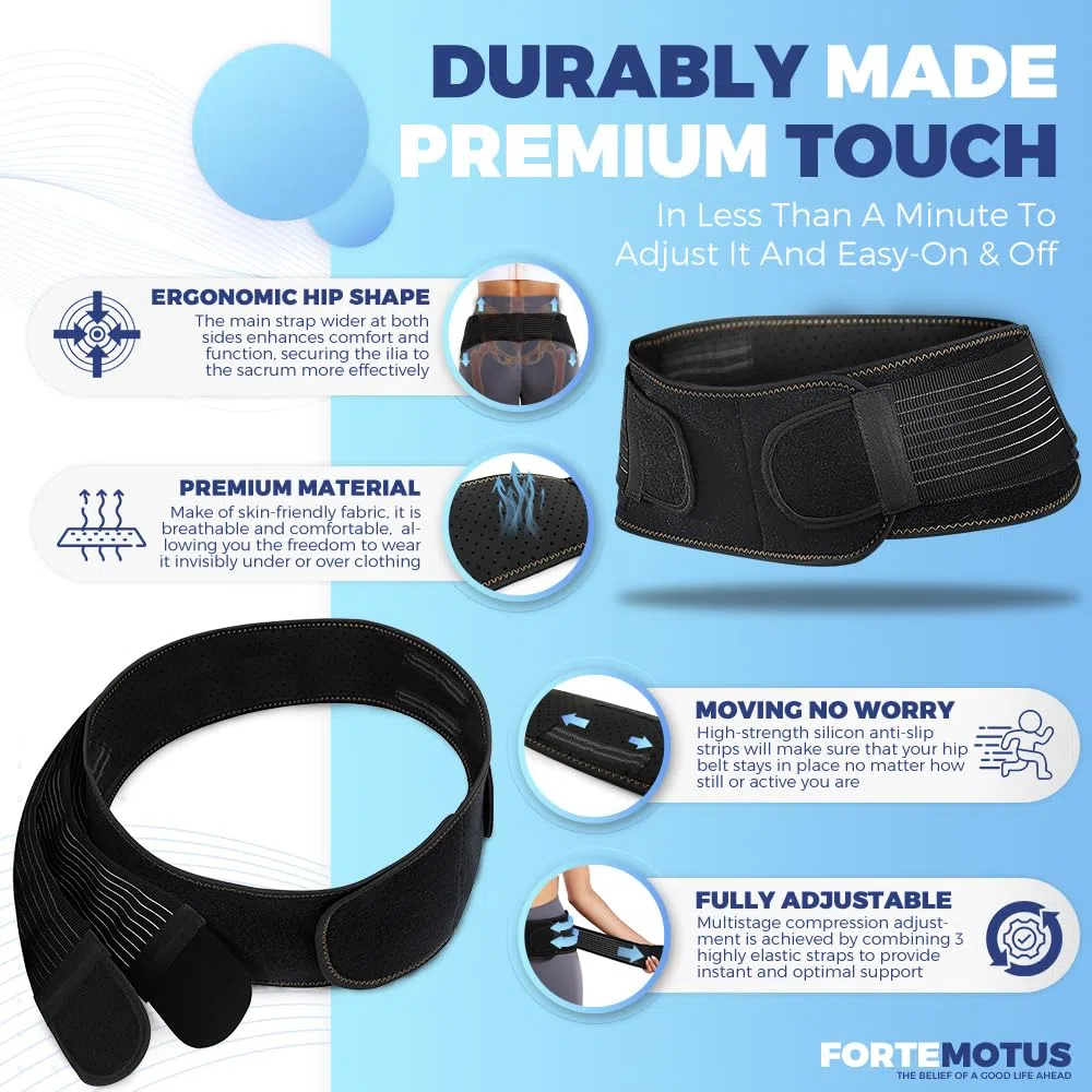 FORTEMOTUS Ceinture Sacro-Iliaque, Ceinture de Hanche Pelvienne Unisexe, Soutien Lombaire Compression pour Homme et Femme pour Soulager Douleur de Sciatique, Bas, Dos, De l'aine, L