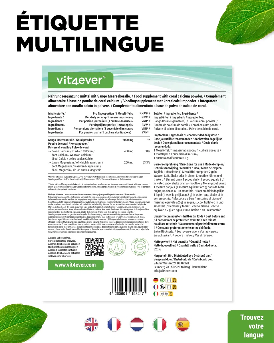 Corail Sango - 320 g de poudre - Source naturelle de calcium (20%) & de magnésium (10%) dans un rapport de 2:1 propre à l'organisme - Sans additif