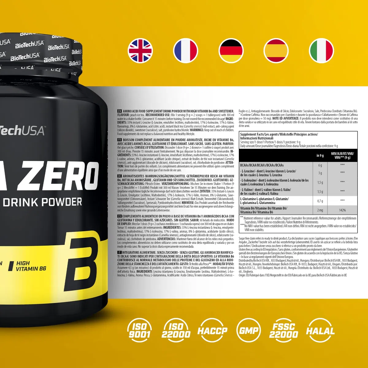 BioTechUSA BCAA Zero | Acides aminés essentiels en poudre | 6g BCAA avec L-Leucine instantanée | Vegan | Sans sucre, sans lactose, sans gluten, 700 g, Thé glacé à la pêche | Avec L-glutamine | Sans sucre | Formule d'acides aminés en poudre pour préparer d
